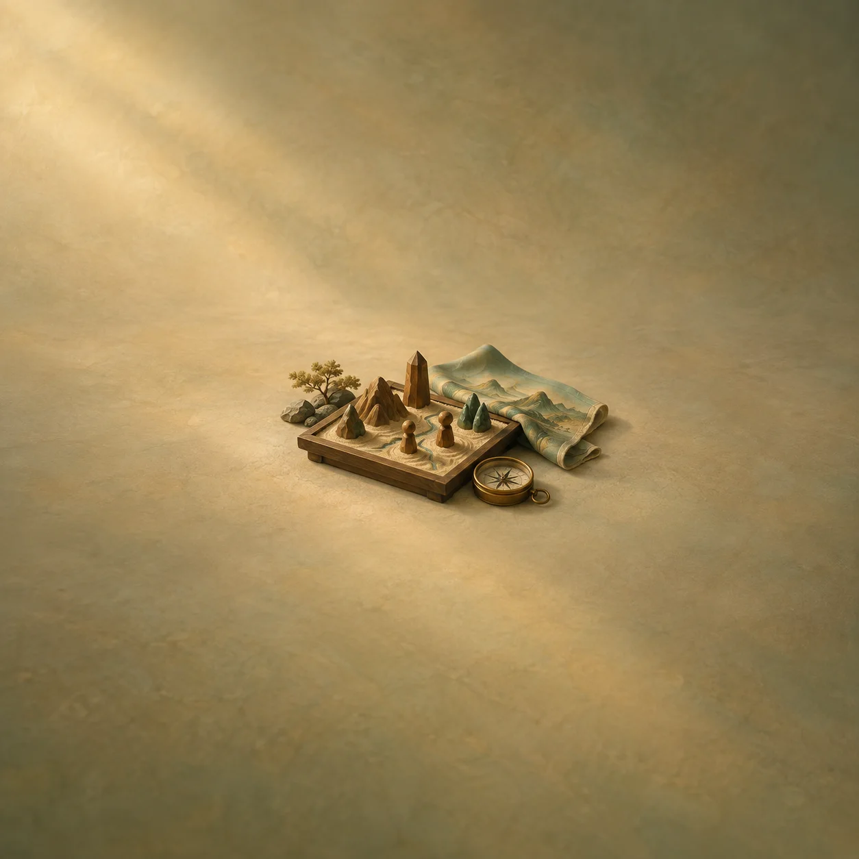 Small carved wooden markers on a sand tray beside a rolled map and a brass compass.