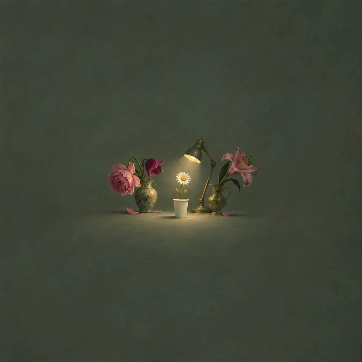 A small lamp shines on a single daisy in a white cup, flanked by larger pink flowers in vases against green.
