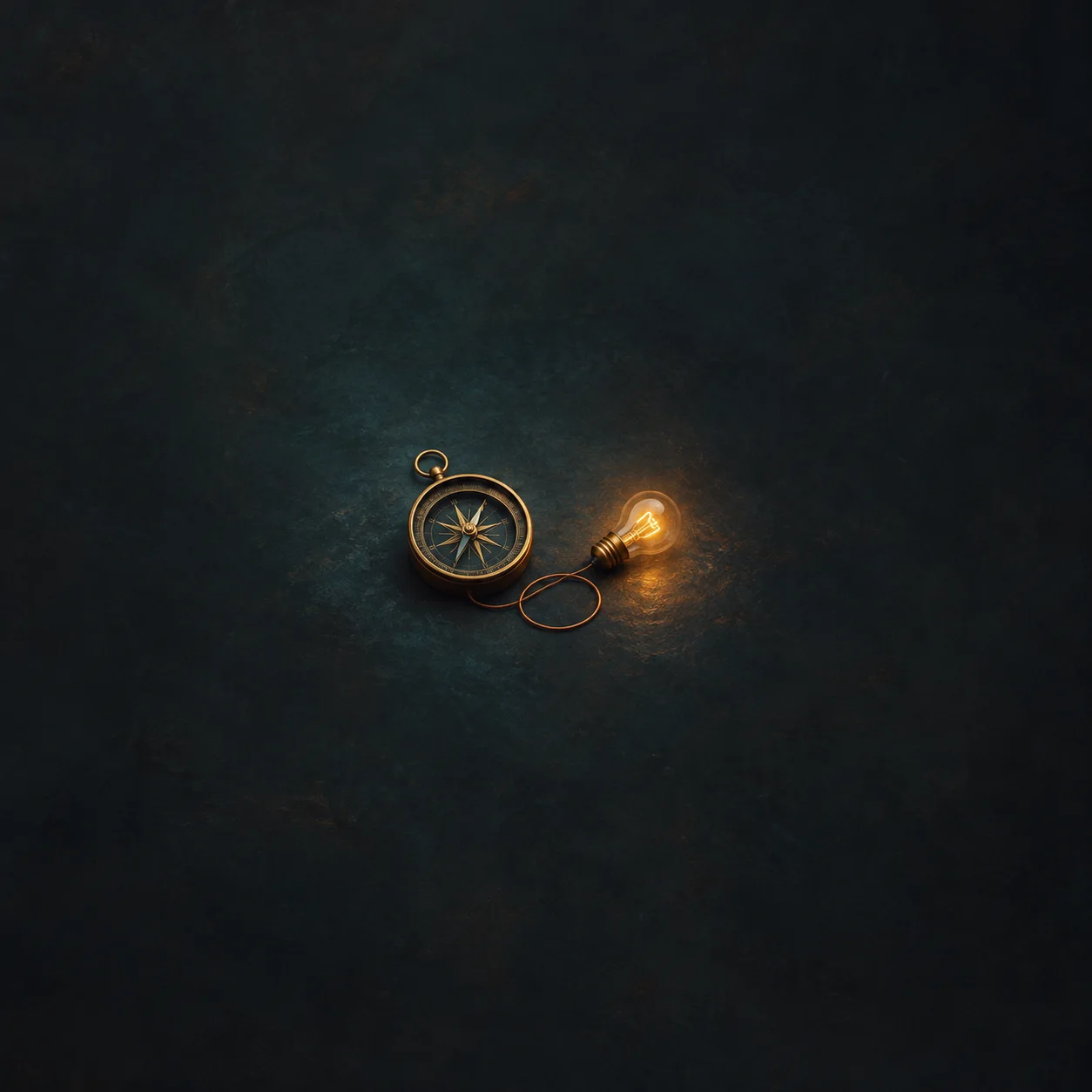 A brass compass lies beside a glowing amber bulb joined to a loop of copper wire.