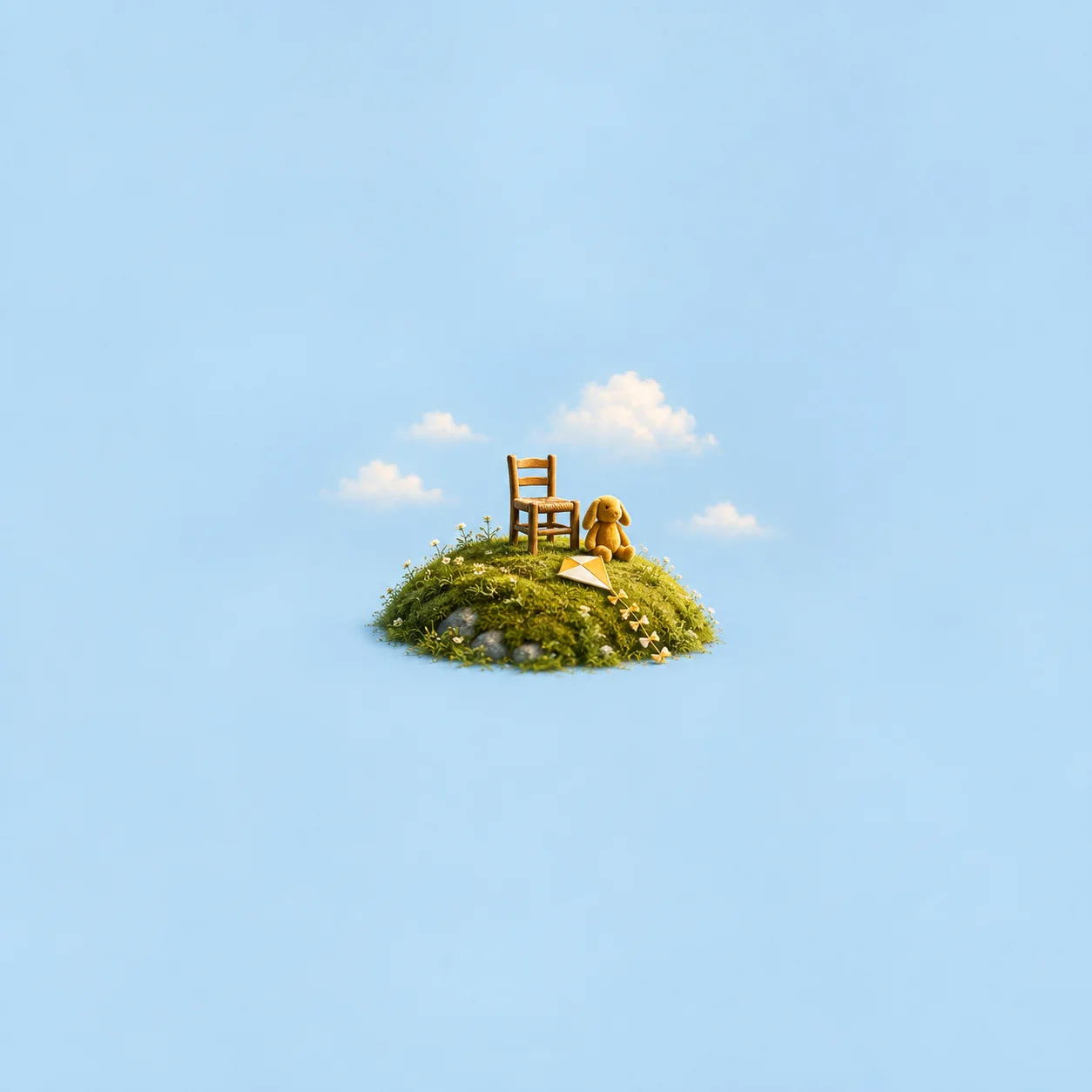 A small wooden chair, golden plush dog and folded paper kite on a flower-covered green mound beneath a blue sky.