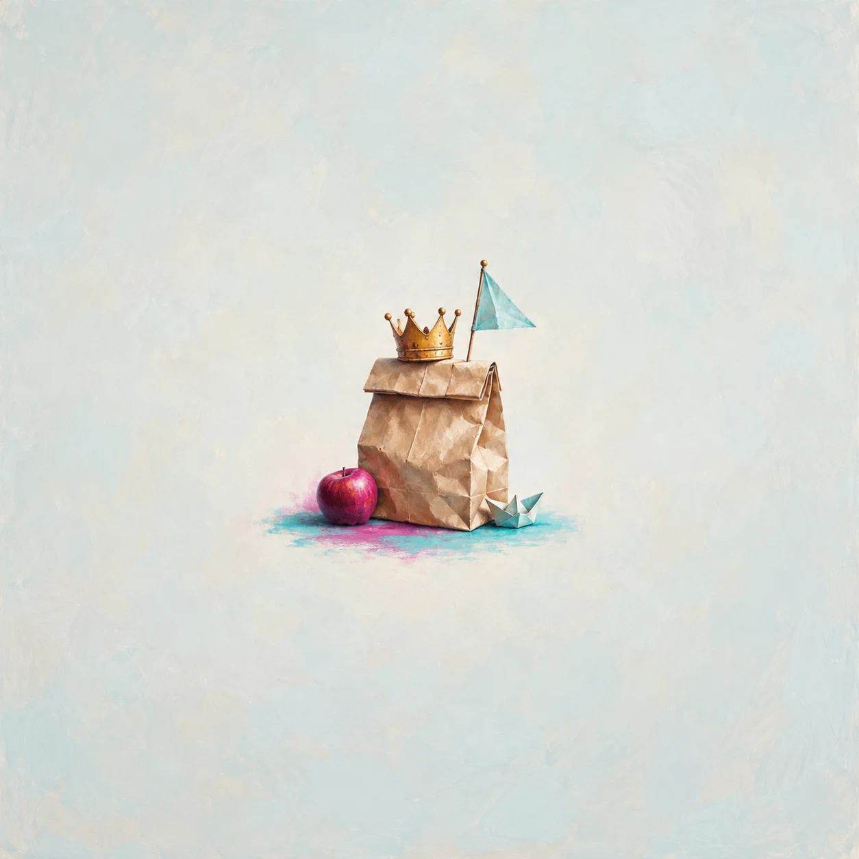 A paper lunch bag topped with a gold crown and a tiny blue flag, with an apple and a small paper boat nearby.