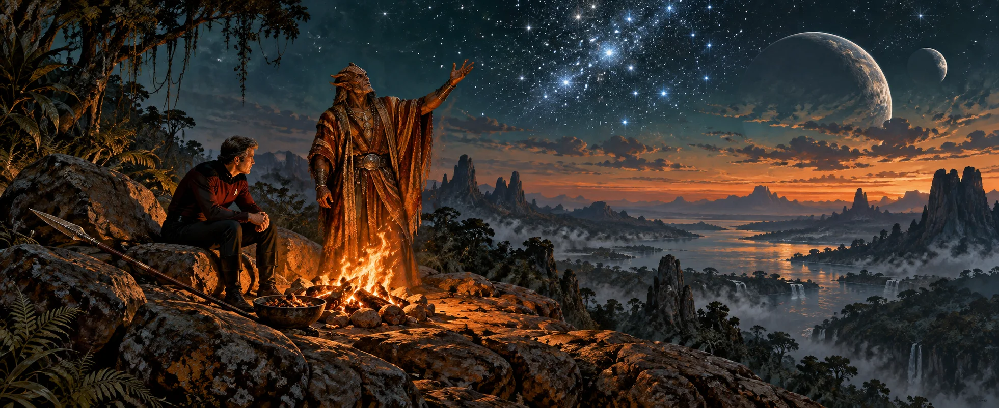 A starship captain sits by a campfire on a dark alien ridge as a robed alien with a ridged head raises an arm to the stars, two moons in the sky.