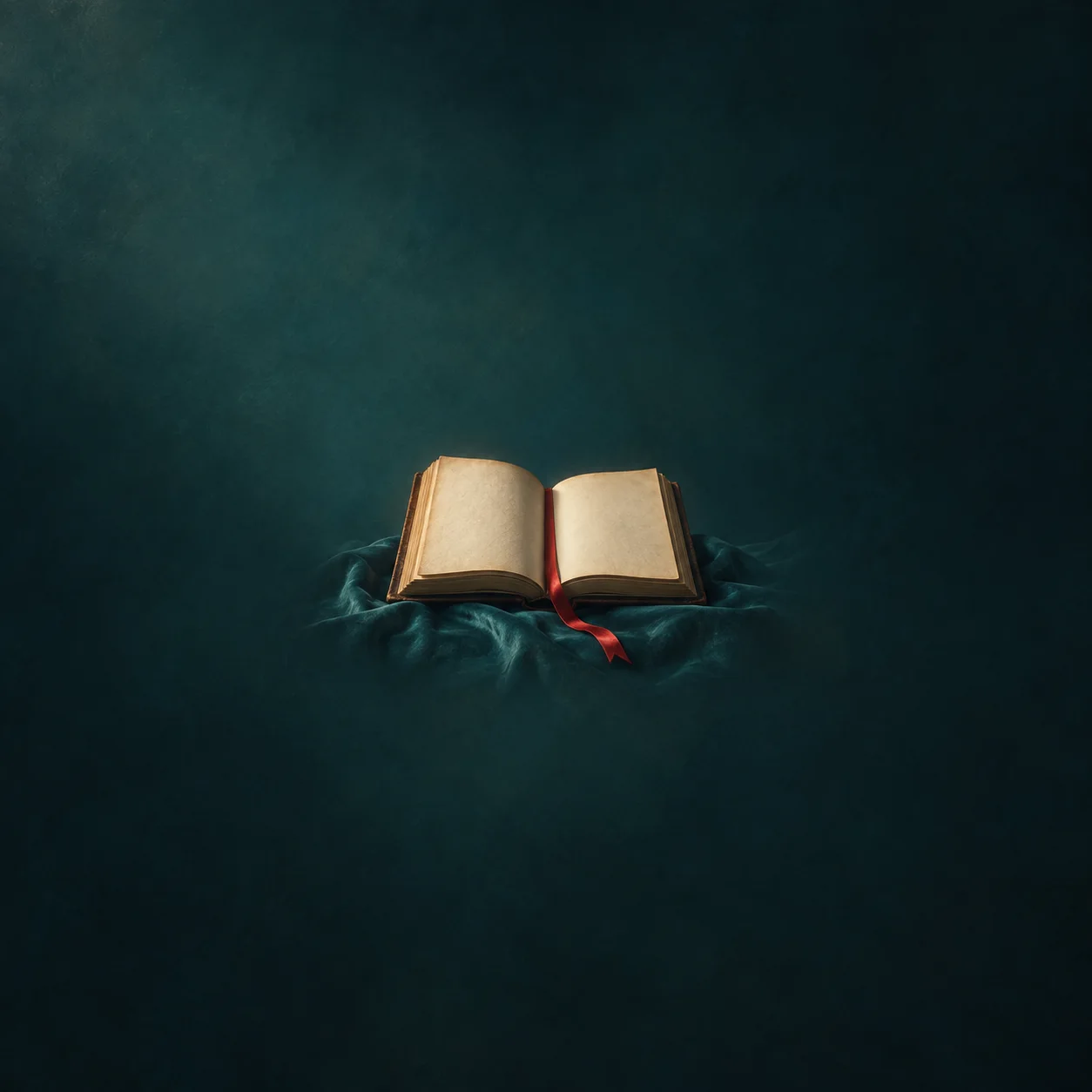 An open book with blank pages and a red ribbon bookmark rests on folded dark teal fabric.