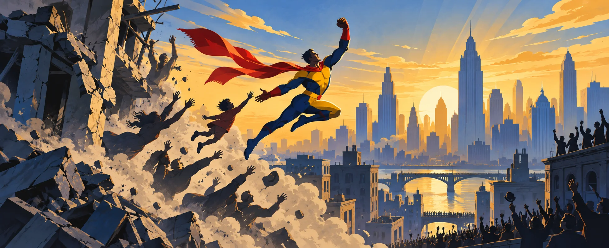 A caped hero in blue, red and gold leaps from collapsing rubble toward a cheering city at sunrise.