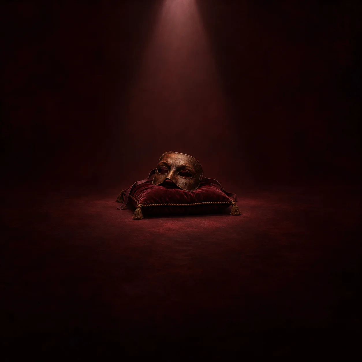 Painterly brown theatrical mask resting on a dark red velvet cushion beneath a spotlight.