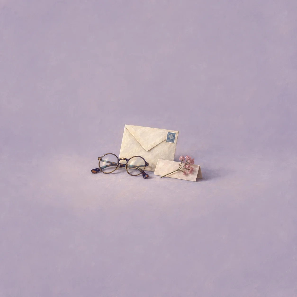 Two envelopes beside round spectacles and dried flowers on a pale lavender background.