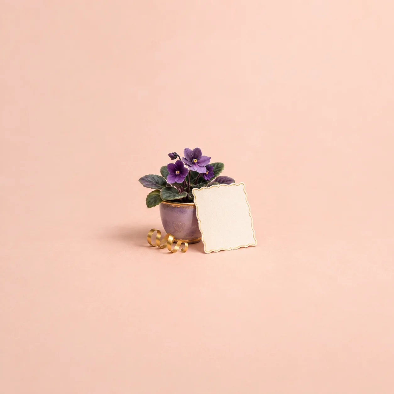 A blank cream card leaning against a pot of purple flowers beside a curled gold ribbon on a peach background.