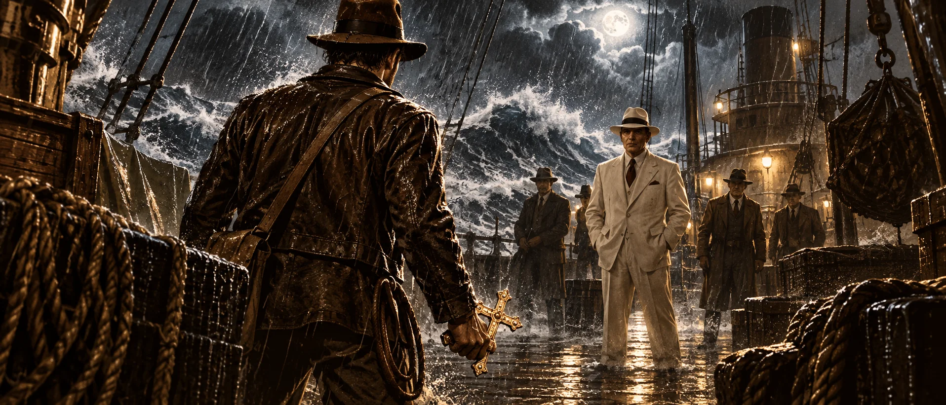 An adventurer in a fedora grips a gilded cross on a storm-lashed ship's deck at night, facing a man in a white suit and Panama hat and his henchmen.