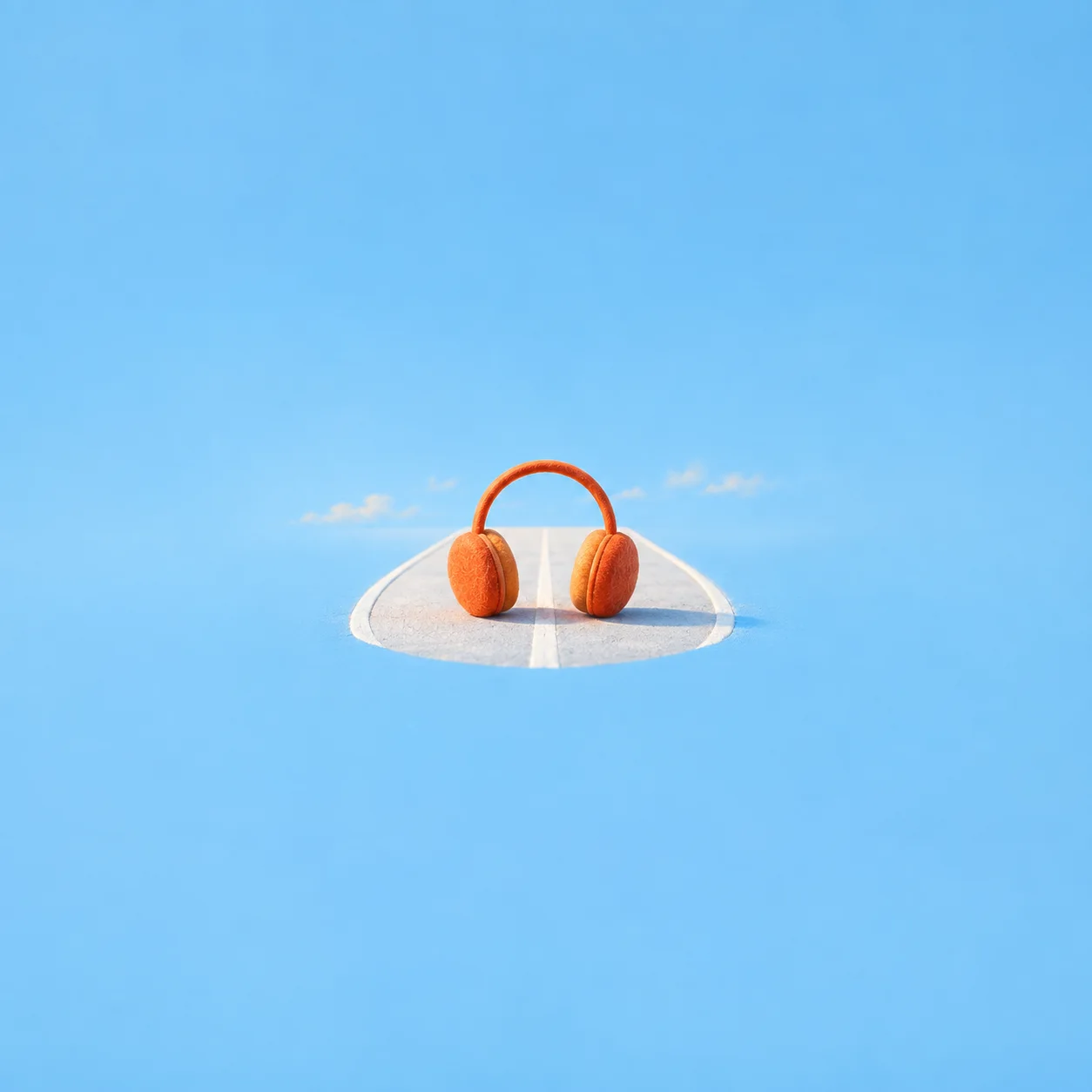 Orange earmuffs resting on a small white oval platform with a stripe down its center.