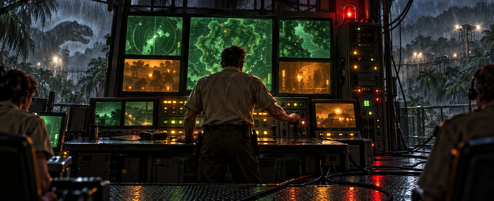 A man in a khaki shirt reaches for a switch at a wall of glowing monitors in a dim control room, a dinosaur silhouette in the rain outside.