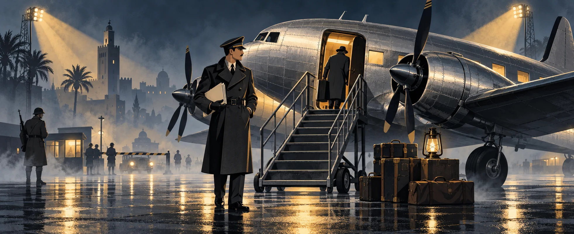 An officer in a trench coat waits beside a propeller plane on a foggy airfield at night.