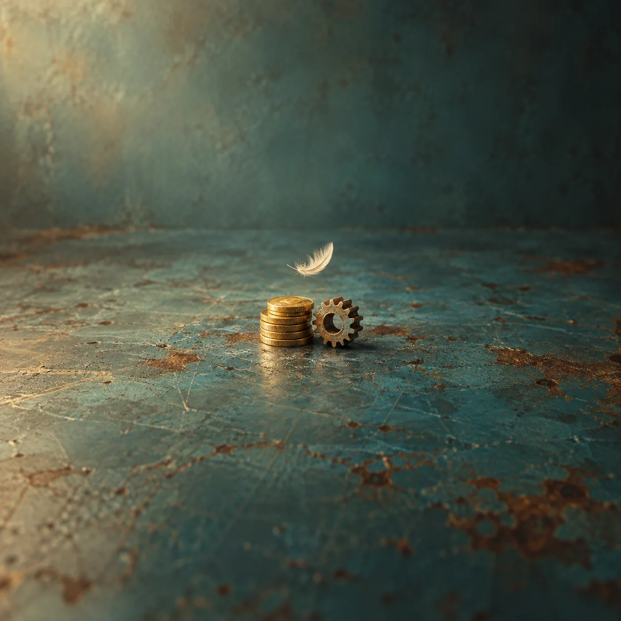 A stack of gold coins beside a cog, with a pale feather hovering above on a worn teal surface.