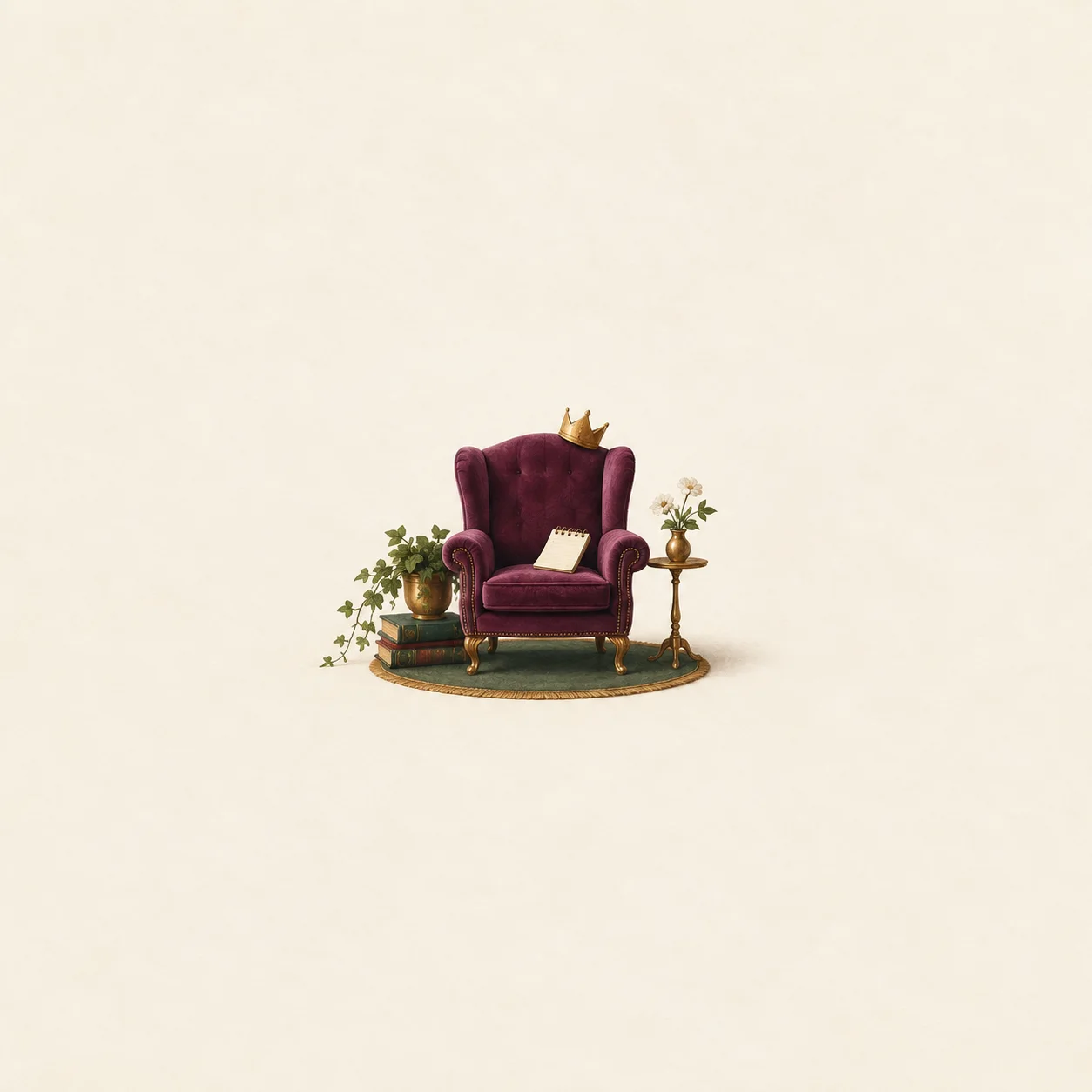 A small purple armchair has a gold crown on its back and a notepad on its seat, with plants beside it.