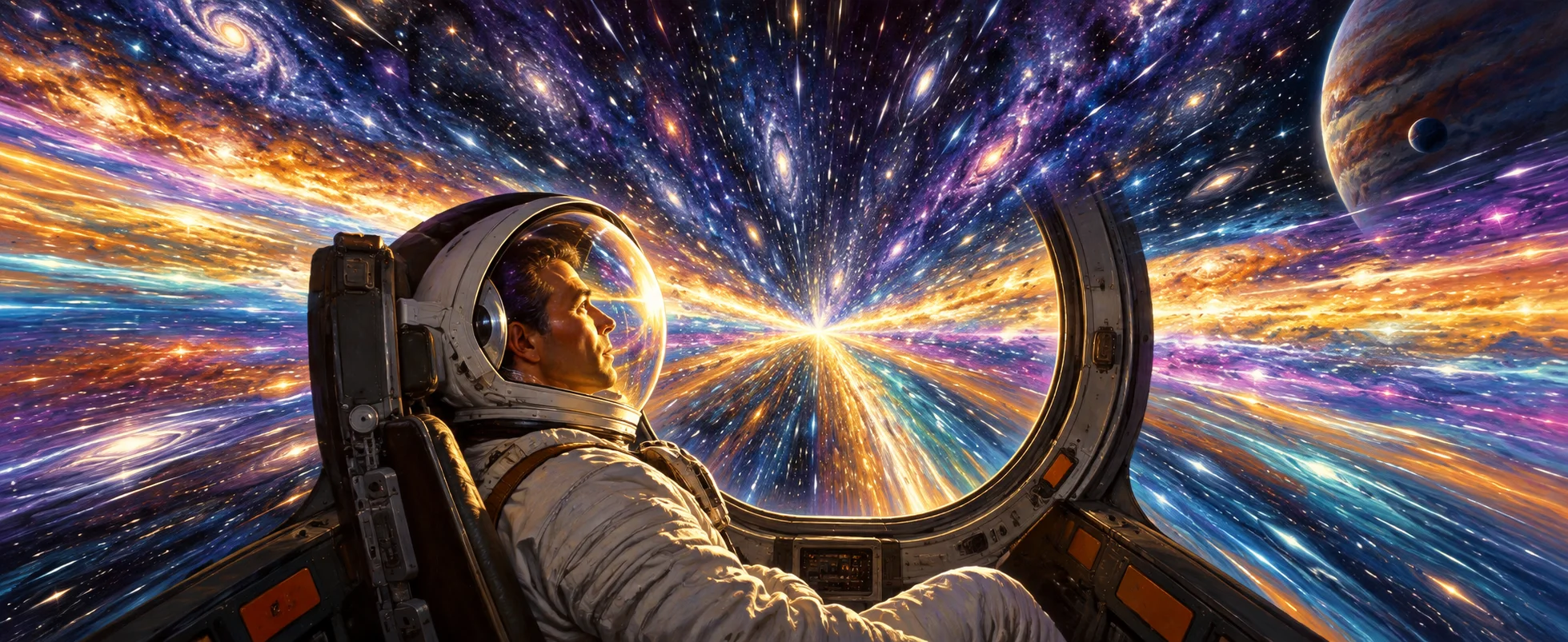 An astronaut in a white suit gazes through a pod window into a blazing tunnel of coloured light and stars.