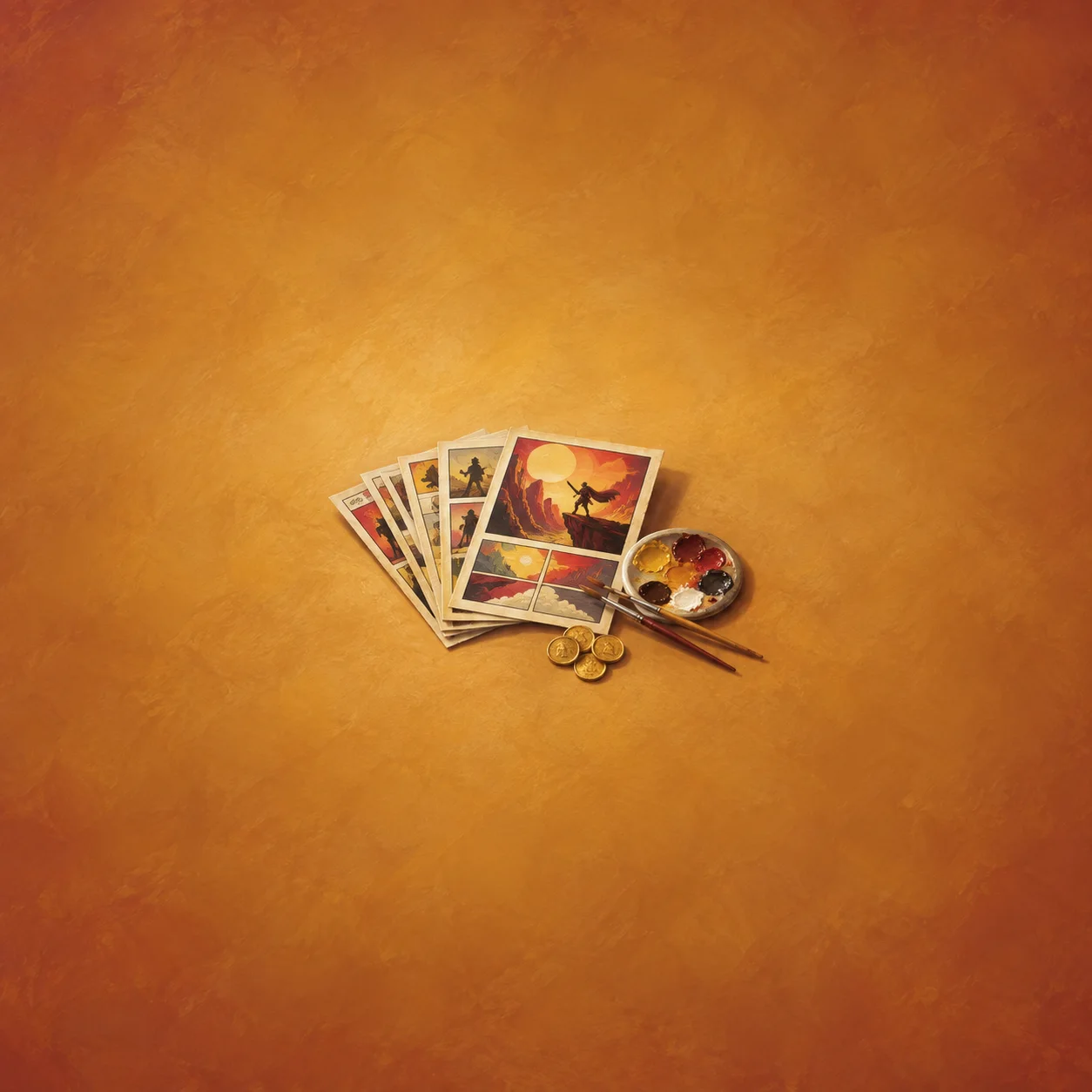 Painterly illustrated pages beside a paint palette, brushes and gold coins on an orange surface.