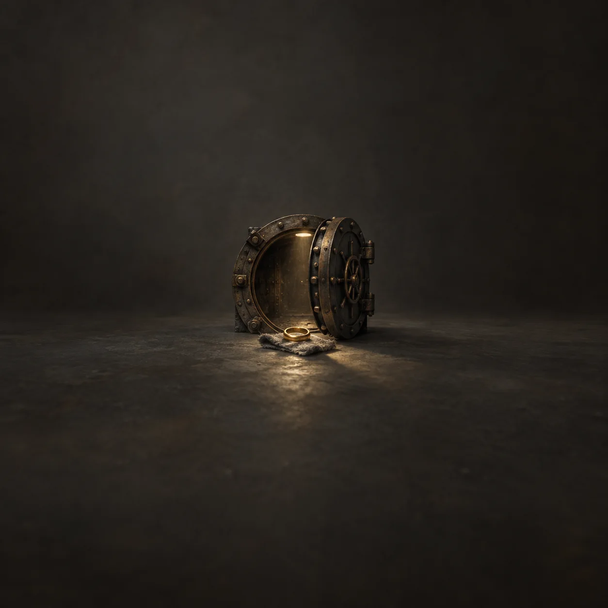 A small gold ring resting on gray wool in front of a miniature ajar iron vault door.