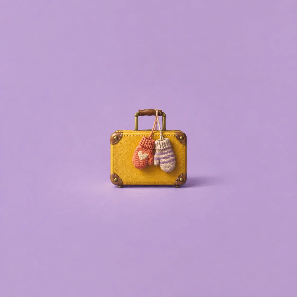 A mustard-yellow suitcase with two mismatched knitted mittens hanging from its handle against a lilac background.