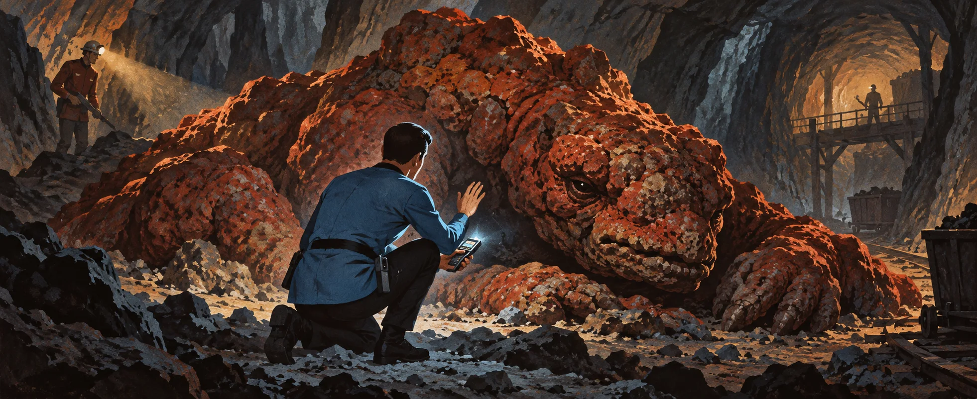 Pulp sci-fi painting of a doctor in a blue tunic kneeling in a mining cave beside a huge lumpy rust-red rock creature, examining its wound with a medical scanner.