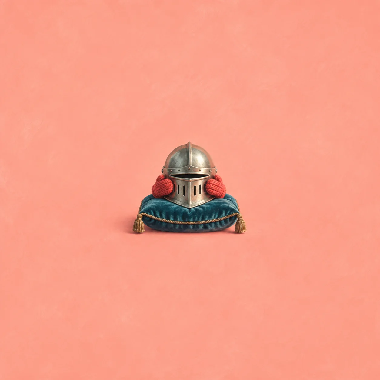 A metal knight helmet rests on a teal cushion with two red knitted mittens at its sides.