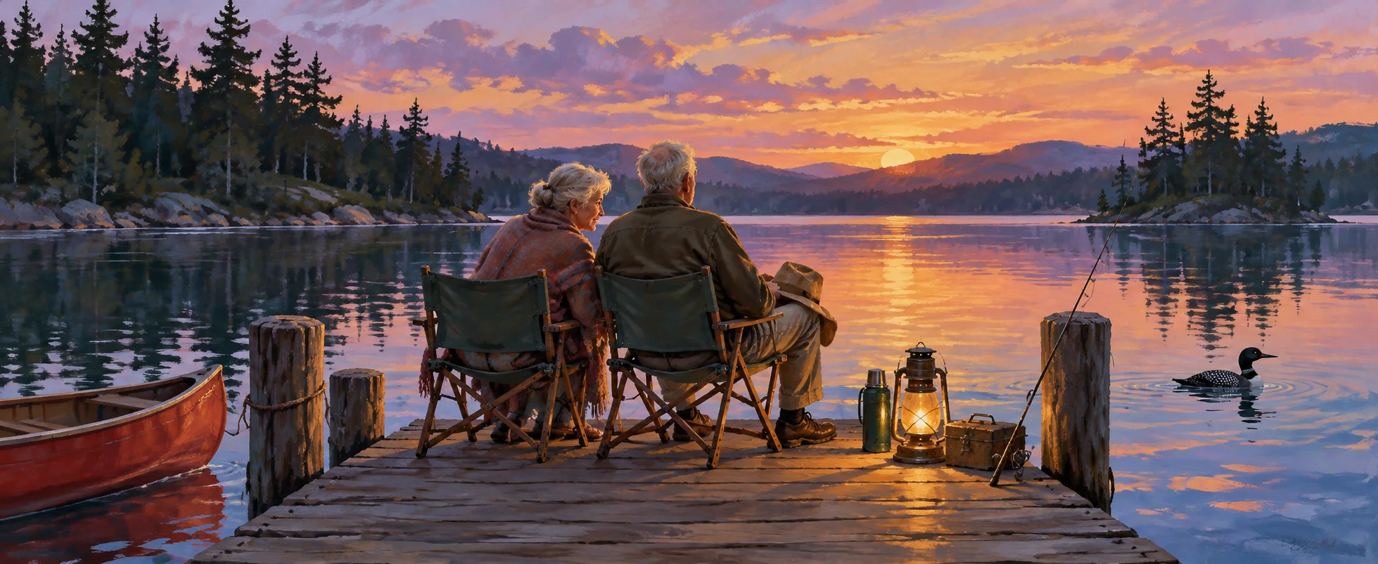 An elderly couple sit in folding chairs at the end of a dock on a still lake at sunset, a loon on the water and a red canoe tied up.
