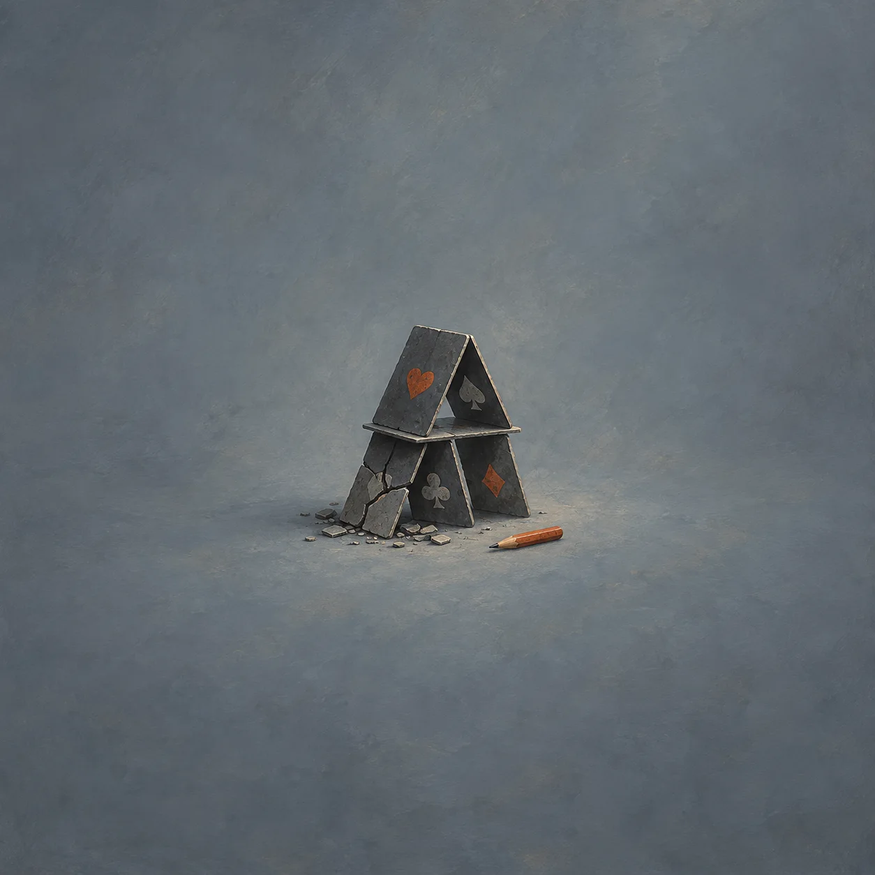 A small house of dark tiles marked with card suits has cracked lower pieces and rubble beside an orange pencil.