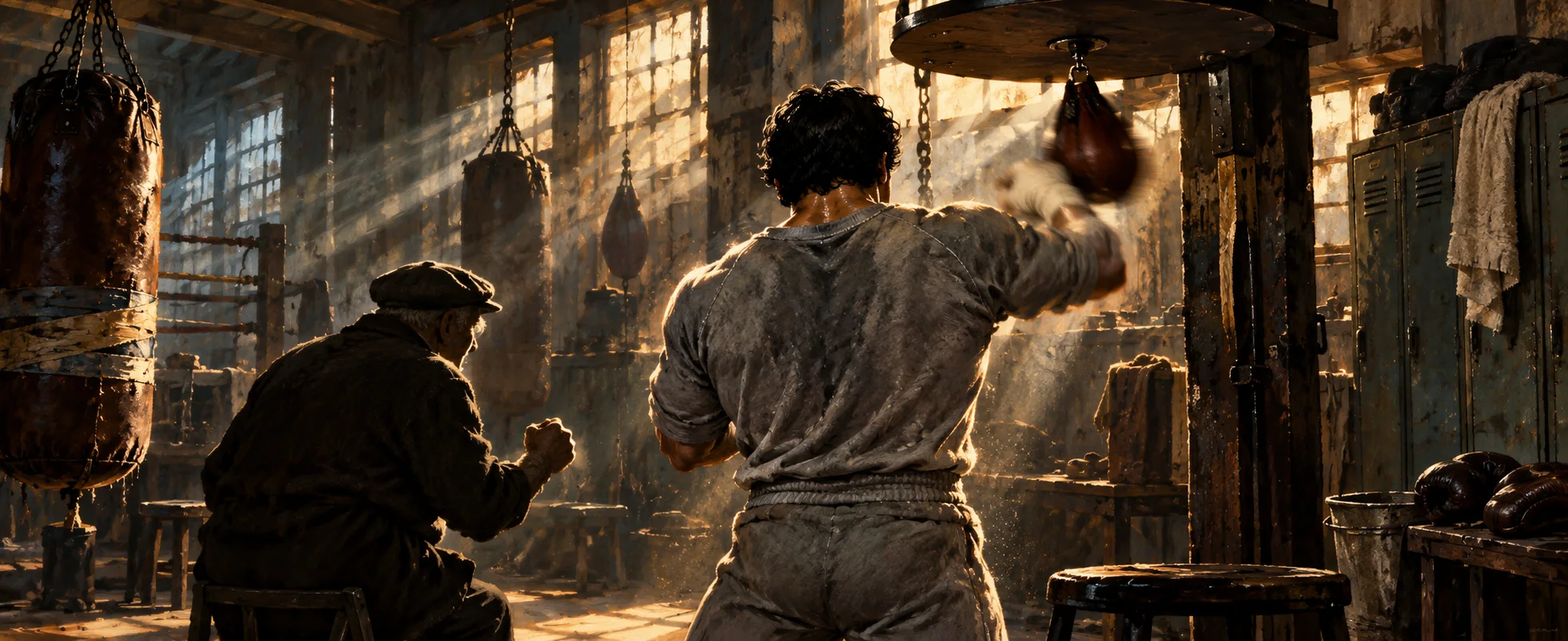 In a dusty old boxing gym, a grizzled trainer in a flat cap barks at a fighter pounding the speed bag.