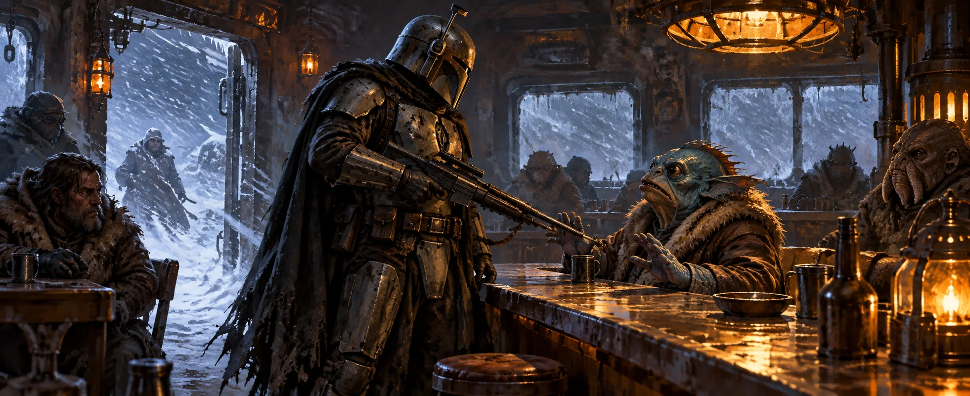 An armoured, helmeted bounty hunter levels a rifle at a nervous fish-faced alien at the bar of a frosty cantina, snow blowing through the open door.