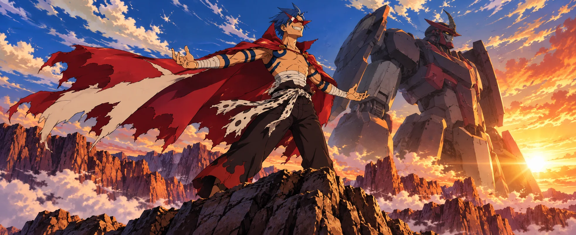 Anime illustration: a shirtless young man in a torn red-and-white cape stands on a rocky peak with arms flung wide, a giant robot behind him against a blazing sunset sky.