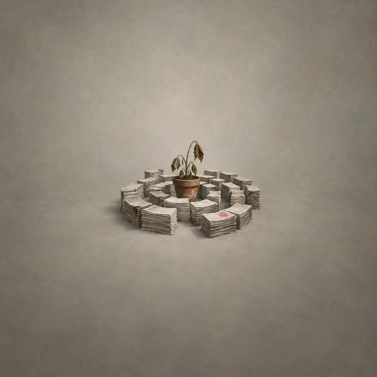 Painterly wilted potted plant surrounded by a spiral of stacked paper forms.