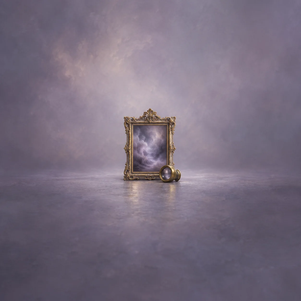 An ornate gold frame filled with swirling purple fog, with a small round lens leaning against it.