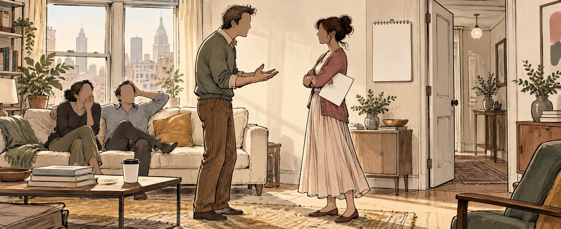 Illustration of a bright Manhattan apartment where a man in a sweater argues, hands spread, with a woman holding a folder, while two friends on the sofa watch uncomfortably.