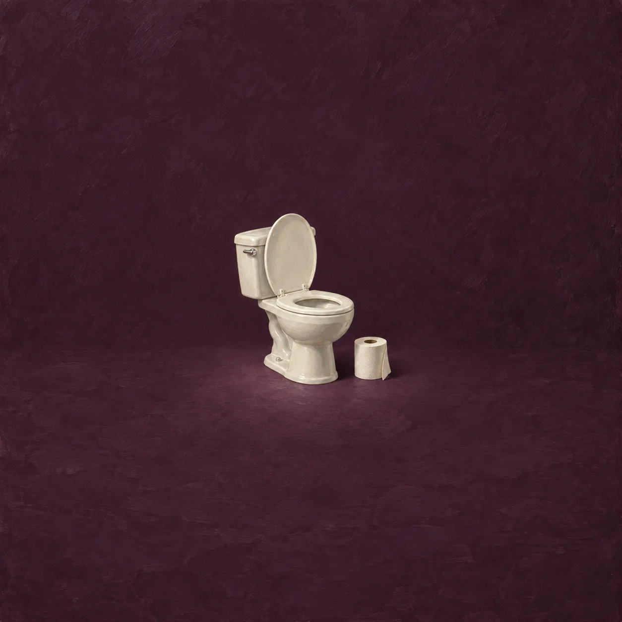 An ivory porcelain toilet with its lid raised stands beside a toilet-paper roll against a dark plum background.