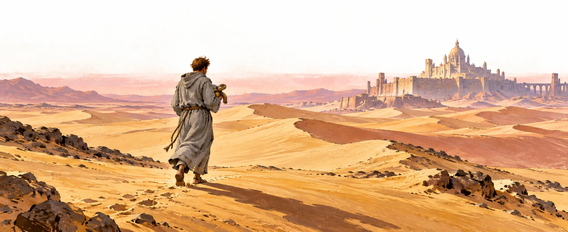 A young novice in a grey robe trudges across sunlit desert dunes carrying a small tortoise, a domed white citadel on the horizon.