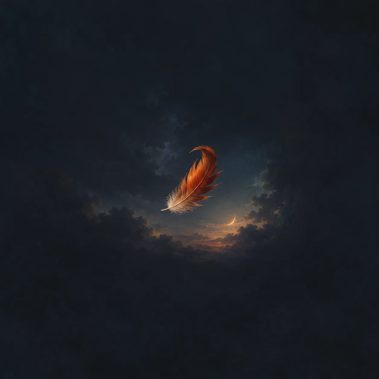 A single orange feather floats above an opening of warm dawn light in a dark cloudy sky.