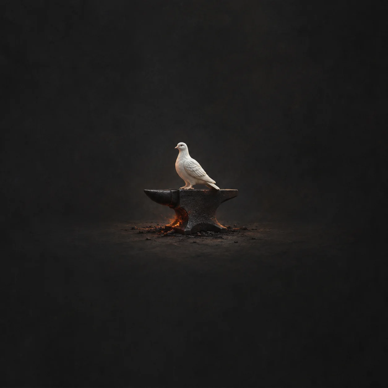 A white bird standing on a dark iron anvil with an orange glow beneath it.
