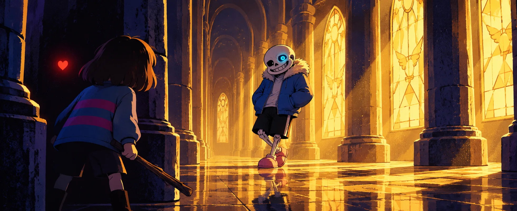 Sans the skeleton, in a blue hooded jacket with one eye glowing blue, faces a child in a striped jumper across a golden hall of pillars and stained-glass windows.