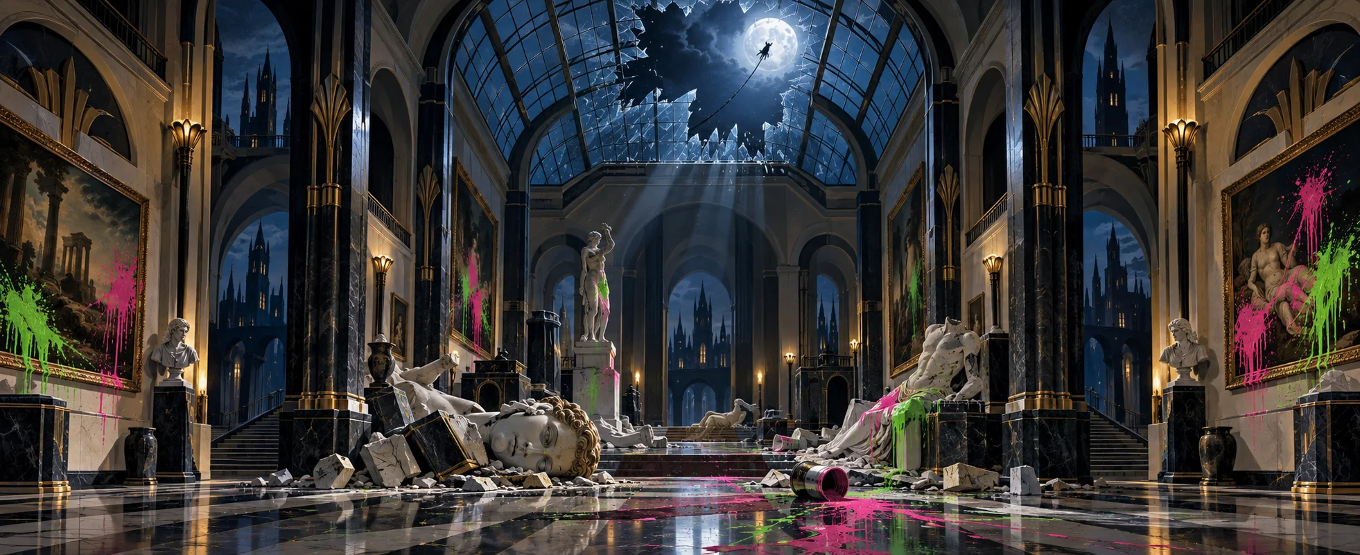 A grand art-deco museum gallery lies wrecked and paint-splashed under a shattered skylight, a dark shape vanishing up through the broken glass.