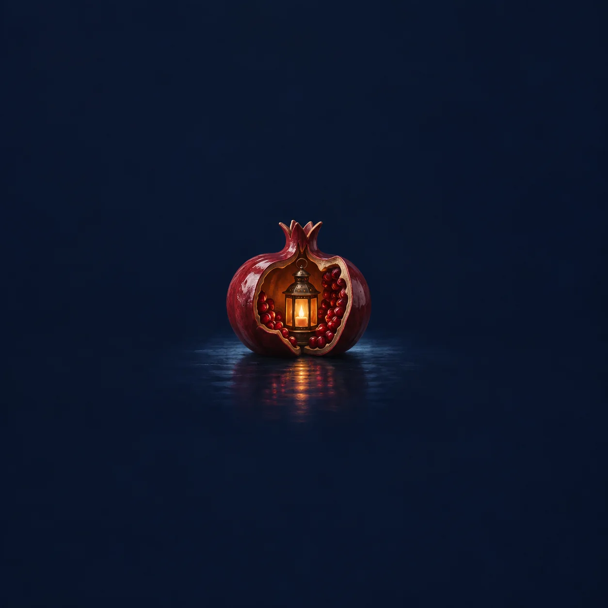 A glossy red pomegranate-shaped vessel cut open to reveal a glowing amber lantern, against a navy background.