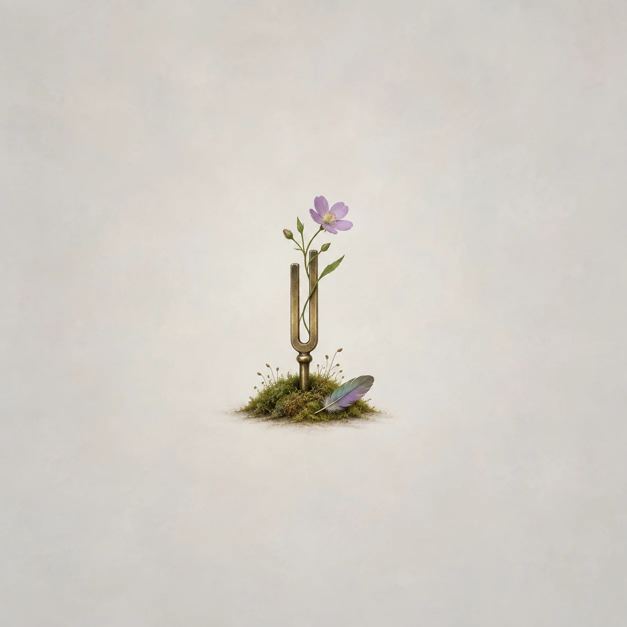 A purple wildflower grows through a brass tuning fork planted in moss beside a small feather.
