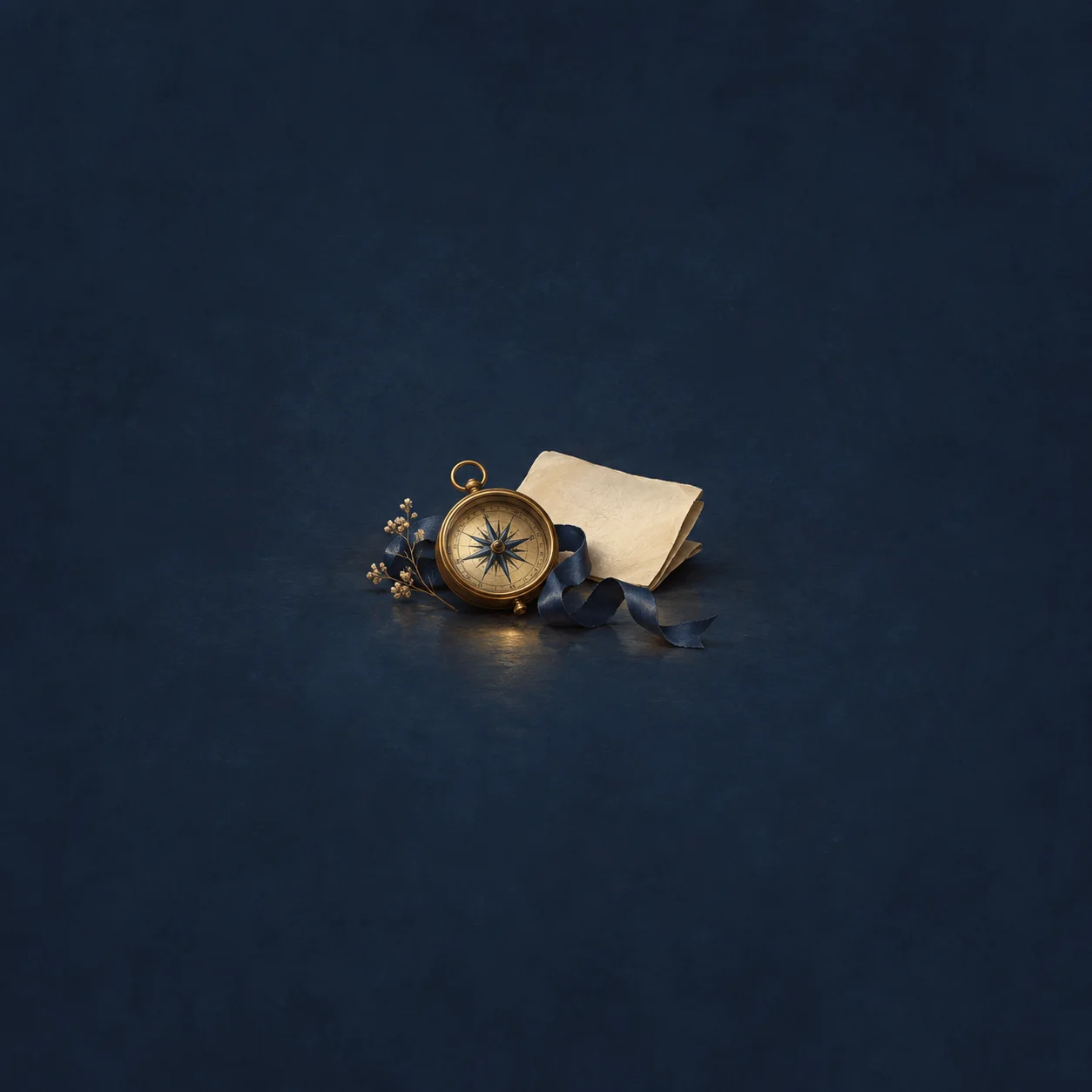 Painterly brass compass beside folded blank paper, dark ribbon and small pale flowers on navy.