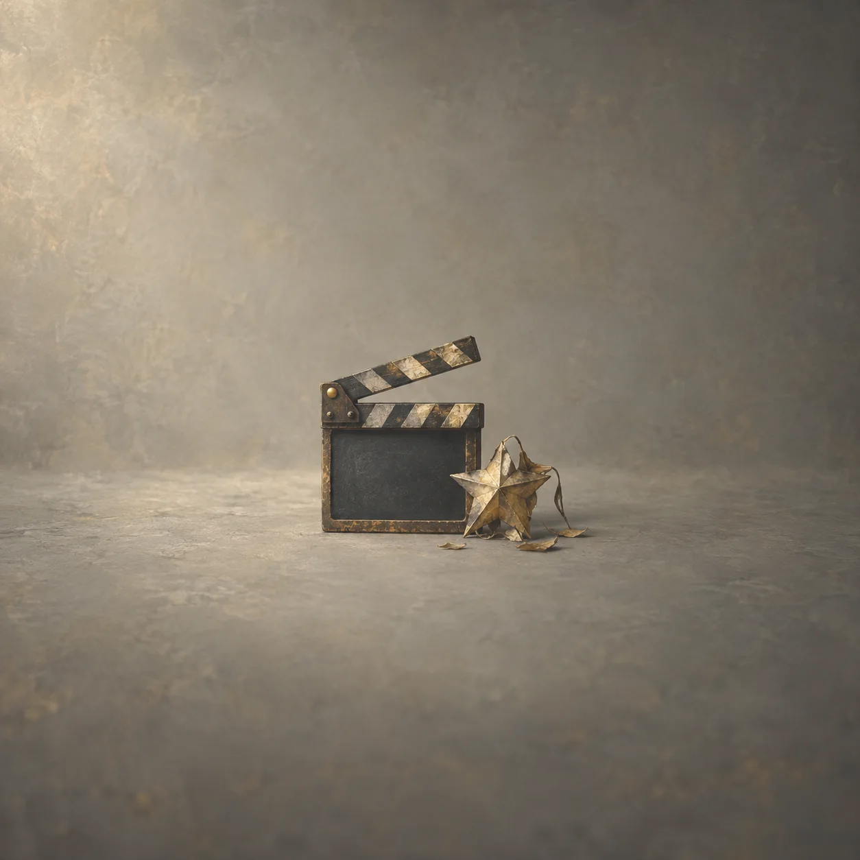 A worn clapperboard with a blank slate stands beside a crumpled paper star on a muted gray surface.