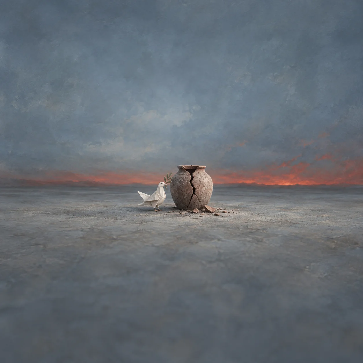 A white paper dove stands beside a cracked clay jar beneath a grey-blue sky with a narrow orange horizon.