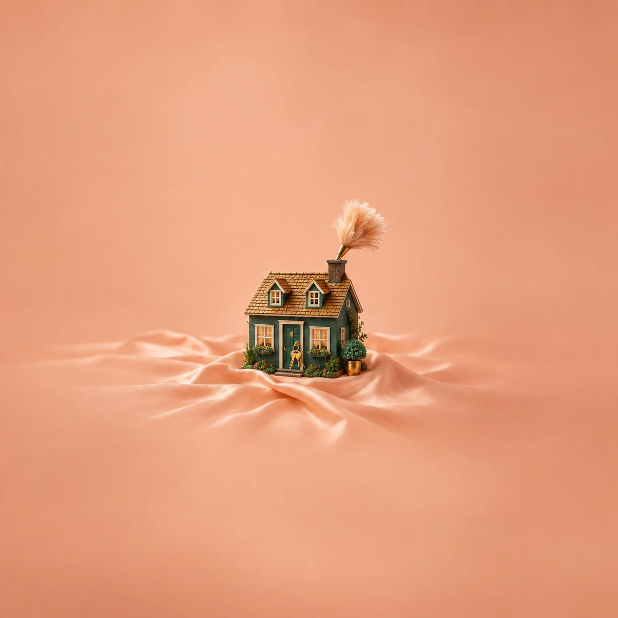A small green dollhouse stands on peach fabric with a feather duster protruding from its chimney.