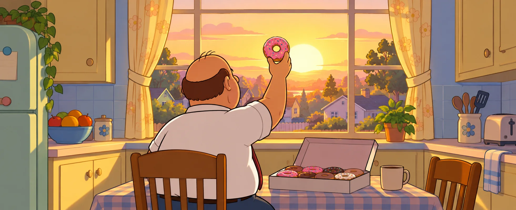 A round, balding cartoon dad, seen from behind, holds a pink-frosted donut up to a sunlit kitchen window like a holy relic.