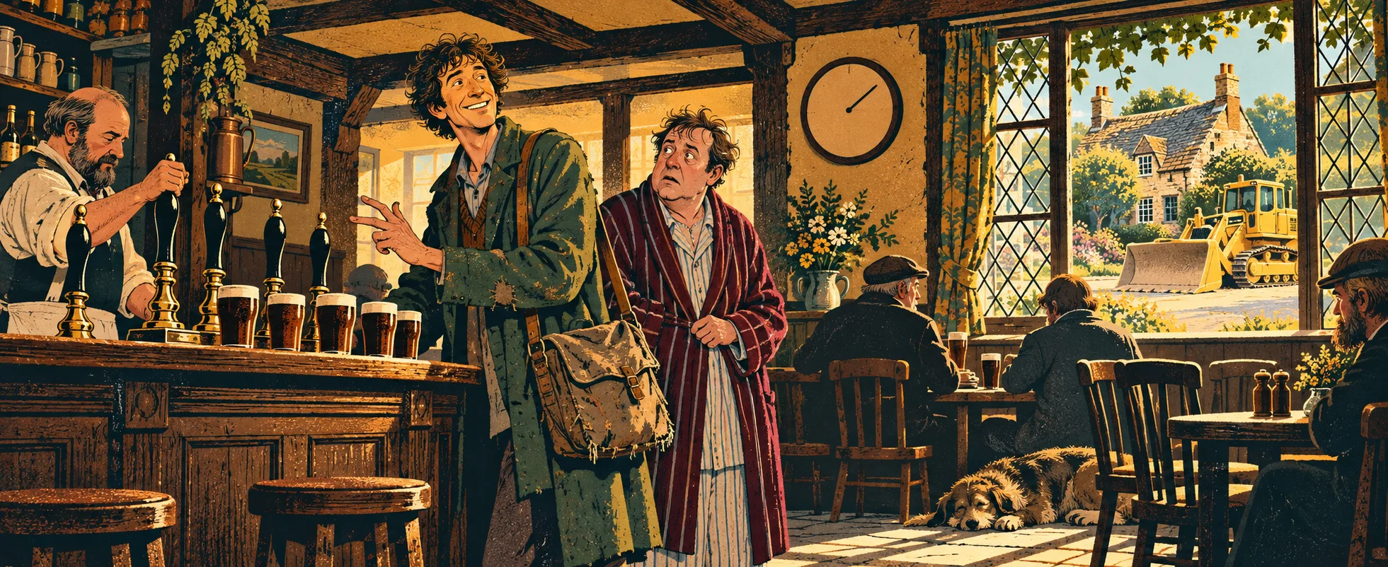 A cheerful man with a satchel orders pints at a village pub bar beside a bewildered man in a dressing gown, a yellow bulldozer visible through the window.