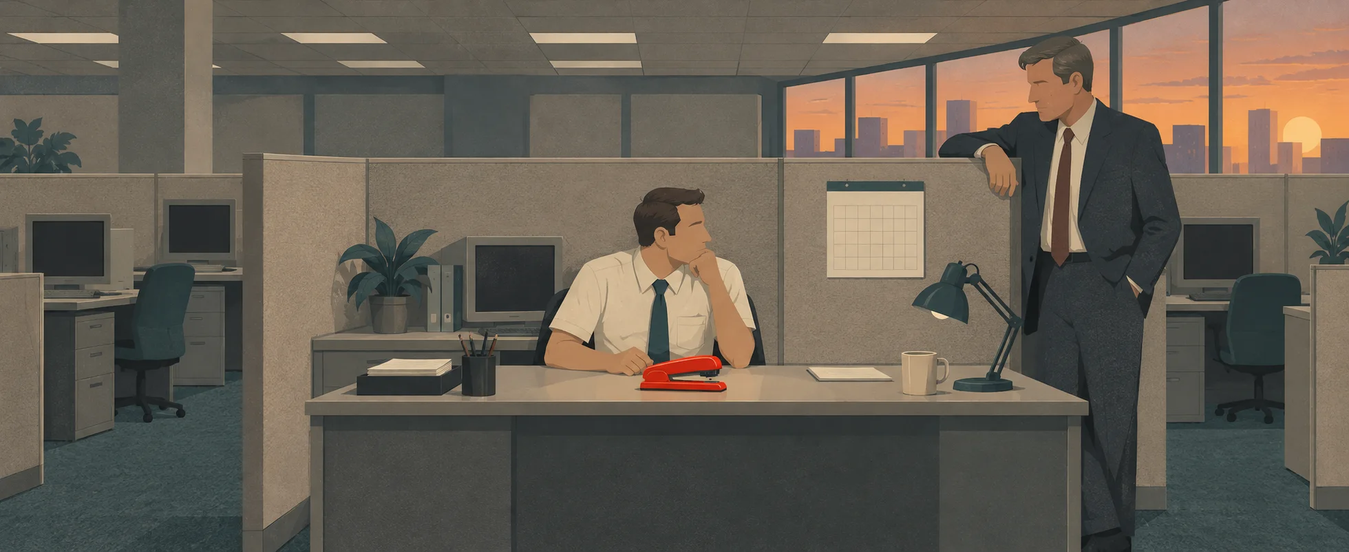 A worker sits at a grey cubicle desk with a red stapler in front of him as a manager in a suit leans on the partition.