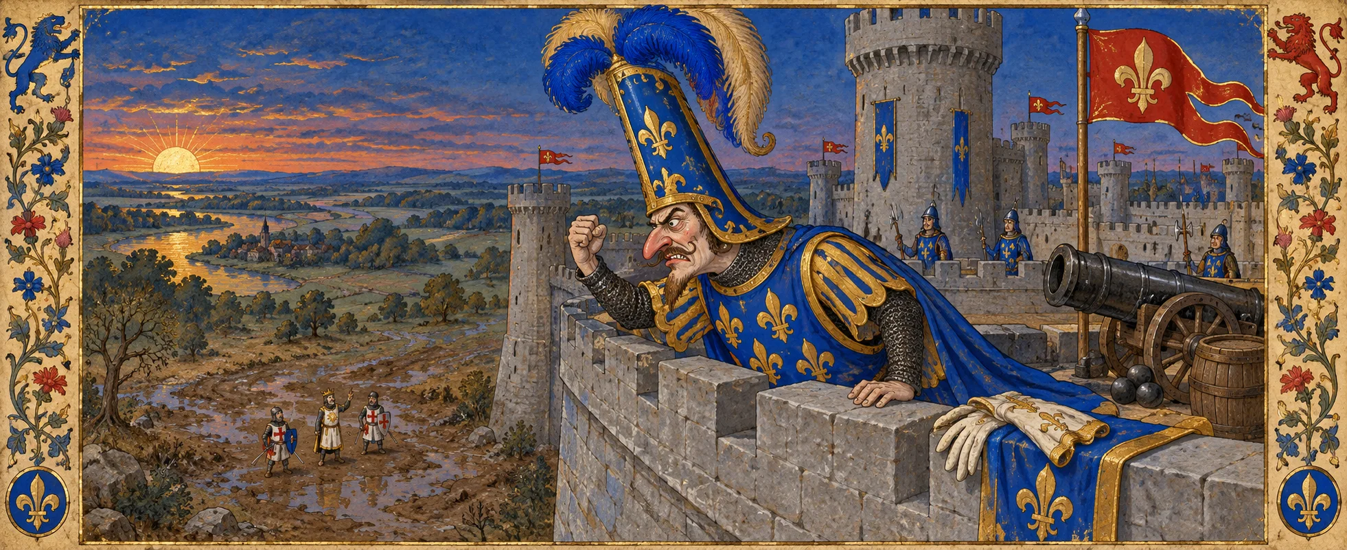 In illuminated-manuscript style, a French soldier in an absurd plumed helmet shakes his fist from the castle battlements at tiny knights below.