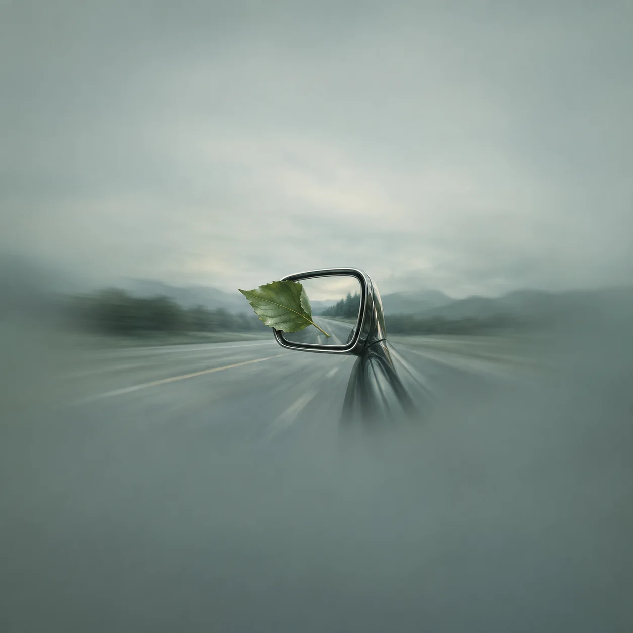 A green leaf rests against a car's side mirror while a grey road and landscape blur around it.