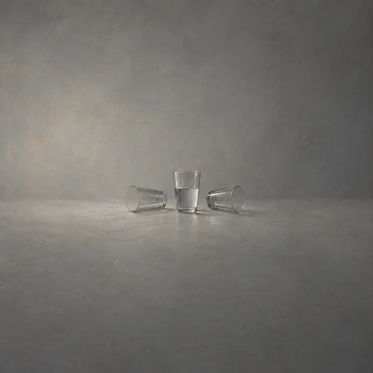A half-filled glass stands between two empty glasses lying on their sides on a grey tabletop.