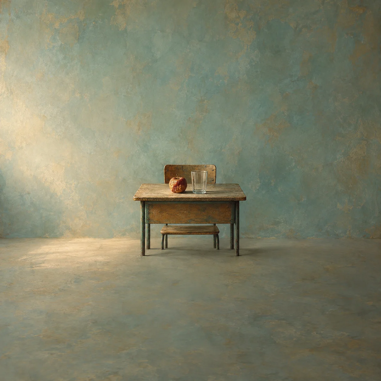 Painterly wooden desk and chair with a red apple and pale drinking glasses.